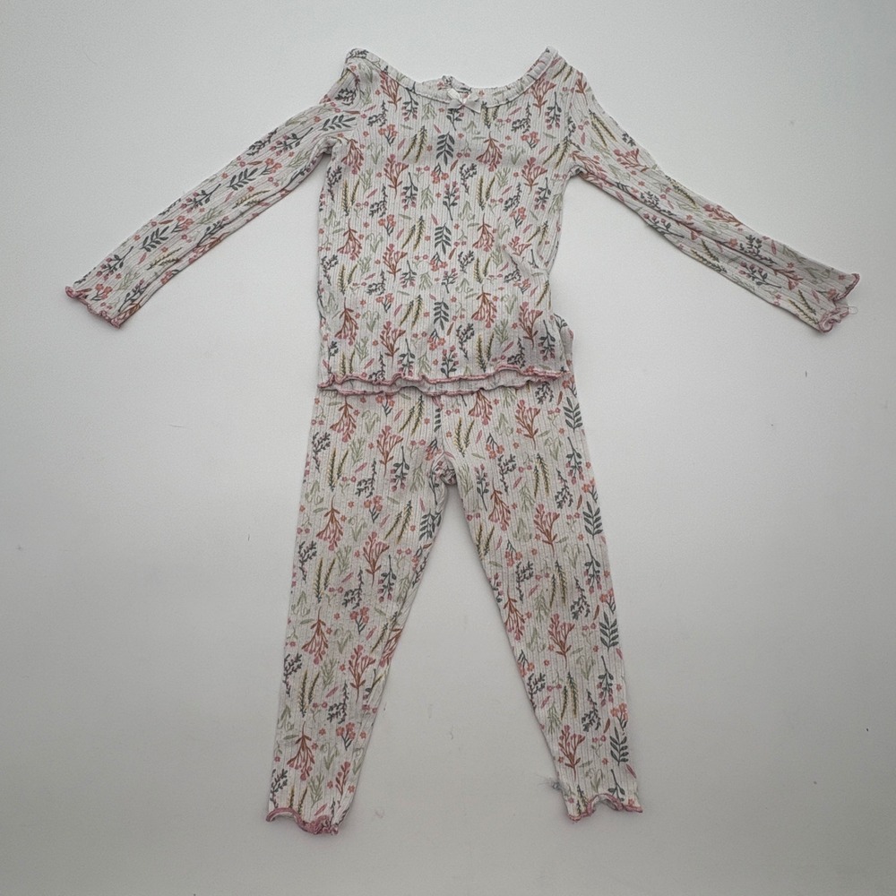 Btween Baby Floral Ribbed Pajama Set 24M White‎ Pink Lettuce Trim Snug Fit 2pc
